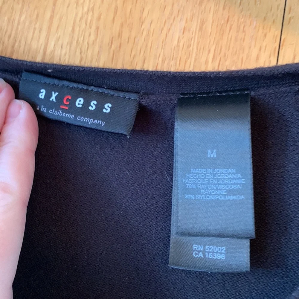 Axcess crossover v neck fitted slim ribbed thin knit black rayon nylon sweater